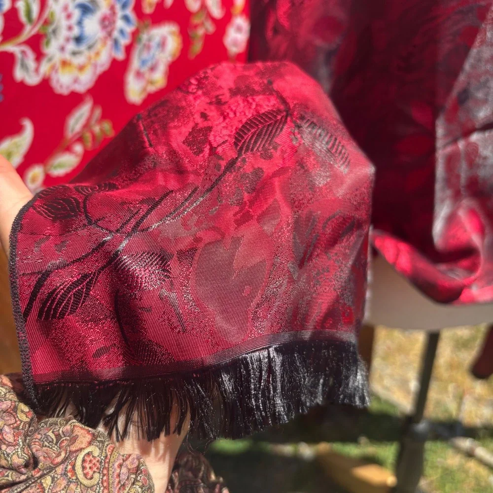 NWT Vintage Silk Blend Red+Black Romantic Goth Floral Witchy Scarf